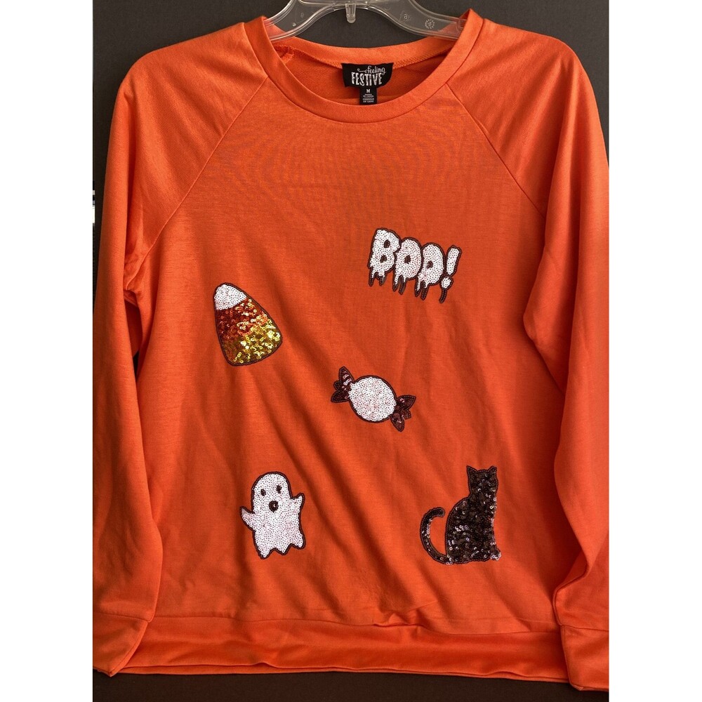 Feeling Festive Orange Sequined Icons Halloween Long Sleeve Shirt NWT, Size M